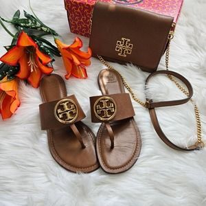 Tory Burch Benton Band Sandals Flat Thong Slides Brown Leather Size 10